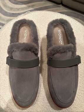 Vionic Kailen Grey Suede Shearling Mule Loafers